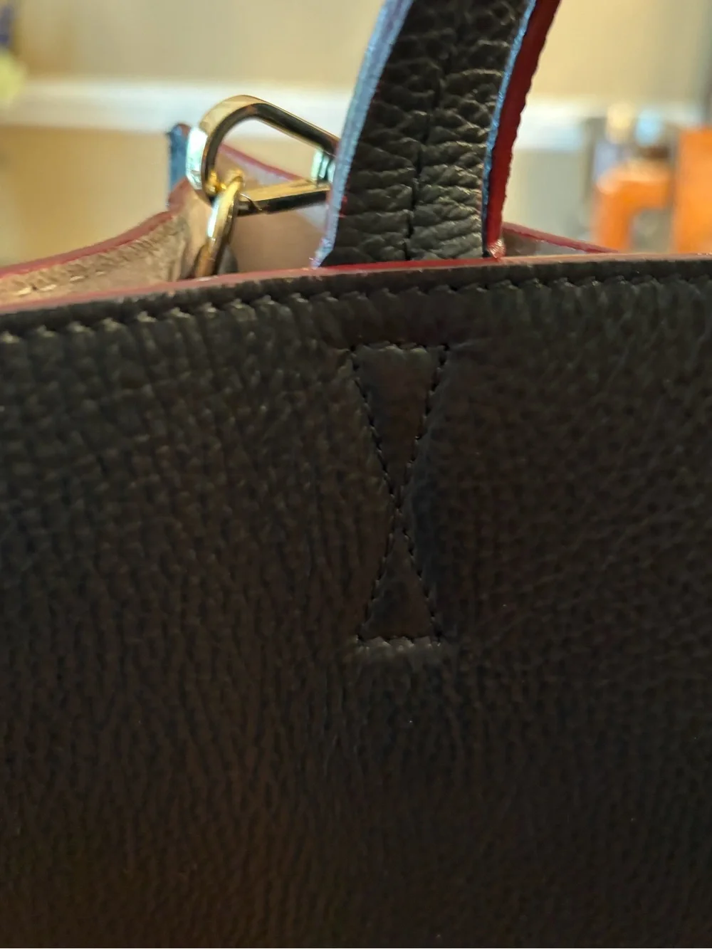 Beautiful Frances Valentine Black Pebbled Leather Tote with Red Trim - Exc Cond